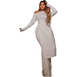 Women Solid Long Sleeve Slit Top and Pant Two Piece Set