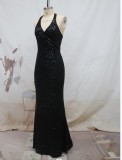 Women sequined sleeveless Halter Neck V-neck Formal Party evening dress