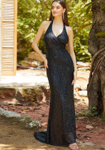 Women sequined sleeveless Halter Neck V-neck Formal Party evening dress