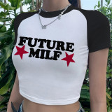 Women Printed Black Sleeve Crop Short Sleeve T-Shirt