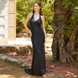 Women sequined sleeveless Halter Neck V-neck Formal Party evening dress
