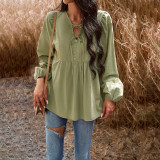 Women Chic Career Solid V Neck Long Sleeve Top