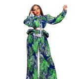 Women Lantern Long Sleeve Top and Wide Leg Pants Printed Casual Two-piece Set