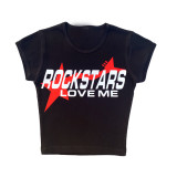 Women Rock Star Loves Me Letter Printed Men Crop Short Sleeve Top