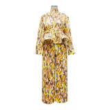 Women Lantern Long Sleeve Top and Wide Leg Pants Printed Casual Two-piece Set
