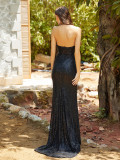 Women sequined sleeveless Halter Neck V-neck Formal Party evening dress