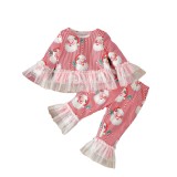 Christmas Girl long-sleeved cartoon Santa Claus printed T-shirt Pant home wear two-piece set