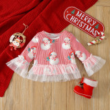 Christmas Girl long-sleeved cartoon Santa Claus printed T-shirt Pant home wear two-piece set