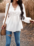Women Chic Career Solid V Neck Long Sleeve Top