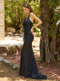 Women sequined sleeveless Halter Neck V-neck Formal Party evening dress