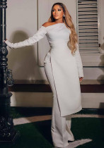 Women Solid Long Sleeve Slit Top and Pant Two Piece Set Women Solid Long Sleeve Slit Top and Pant Two Piece Set