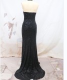 Women sequined sleeveless Halter Neck V-neck Formal Party evening dress