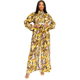 Women Lantern Long Sleeve Top and Wide Leg Pants Printed Casual Two-piece Set