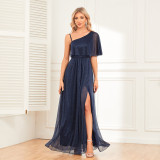 Ladies One Shoulder Short Sleeve Side Slit Evening Dress A-Line Shiny Long Party Prom