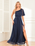Ladies One Shoulder Short Sleeve Side Slit Evening Dress A-Line Shiny Long Party Prom
