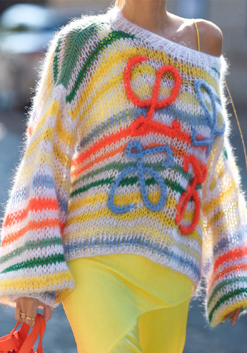 Women's Spring Rainbow Contrast Striped Sweater Women's Loose Pullover Knitting Shirt