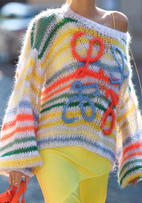 Women's Spring Rainbow Contrast Striped Sweater Women's Loose Pullover Knitting Shirt