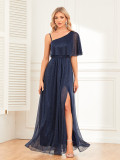 Ladies One Shoulder Short Sleeve Side Slit Evening Dress A-Line Shiny Long Party Prom