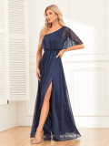 Ladies One Shoulder Short Sleeve Side Slit Evening Dress A-Line Shiny Long Party Prom