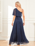 Ladies One Shoulder Short Sleeve Side Slit Evening Dress A-Line Shiny Long Party Prom