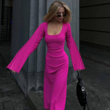 Women's Autumn Fashion Loose U-Neck Lace-Up Back Long Sleeve Dress