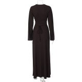 Women's Autumn Fashion Loose U-Neck Lace-Up Back Long Sleeve Dress