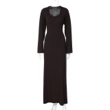 Women's Autumn Fashion Loose U-Neck Lace-Up Back Long Sleeve Dress