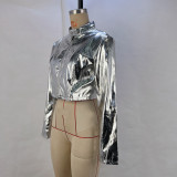 Women Pu Metallic Stand Collar Zip Jacket