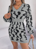 Women V-Neck Contrast Color Long Sleeve Bodycon Sweater Dress