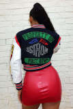 Women Long Sleeve Printed Ribbed Patchwork Baseball Jacket