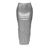 Women Autumn Solid Pu Leather Bodycon Slit Skirt