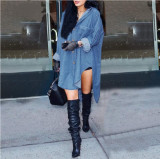 Women Long Sleeve irregular sides Denim Shirt