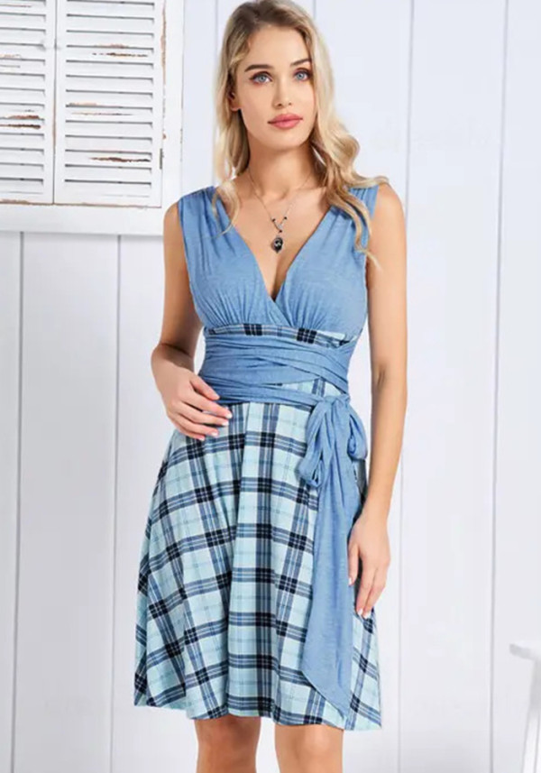 Plus Size Women Deep V Plaid Patchwork Loose Dress