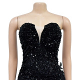 Women Solid Strapless Backless Sequin Feather Dress