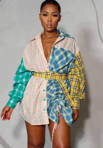 Women Fashion Printed Patchwork Long Sleeve Shirt (Including Belt)