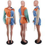 Women Fashion Printed Patchwork Long Sleeve Shirt (Including Belt)