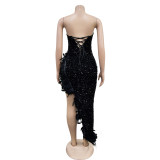 Women Solid Strapless Backless Sequin Feather Dress