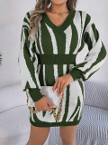 Women v-neck contrast zebra print long-sleeved Bodycon sweater dress