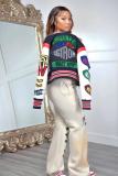 Women Long Sleeve Printed Ribbed Patchwork Baseball Jacket