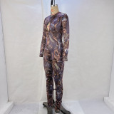 Women Hollow Long Sleeve Backless Printed Jumpsuit