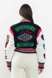 Women Long Sleeve Printed Ribbed Patchwork Baseball Jacket