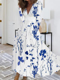 Women Autumn V-neck Long Sleeve Printed Dress