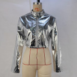 Women Pu Metallic Stand Collar Zip Jacket