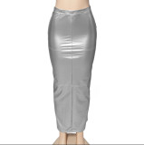 Women Autumn Solid Pu Leather Bodycon Slit Skirt