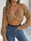 Women Sexy Casual Knotted V-Neck Balloon Sleeve Crop Sweater