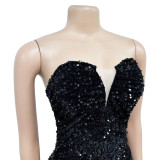 Women Solid Strapless Backless Sequin Feather Dress