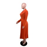 Women Solid Casual Pleated Shirt Dress
