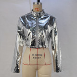 Women Pu Metallic Stand Collar Zip Jacket