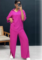 Plus Size Women Loose Top and Slit Wide Leg Pants Two-piece Set Plus Size Women Loose Top and Slit Wide Leg Pants Two-piece Set