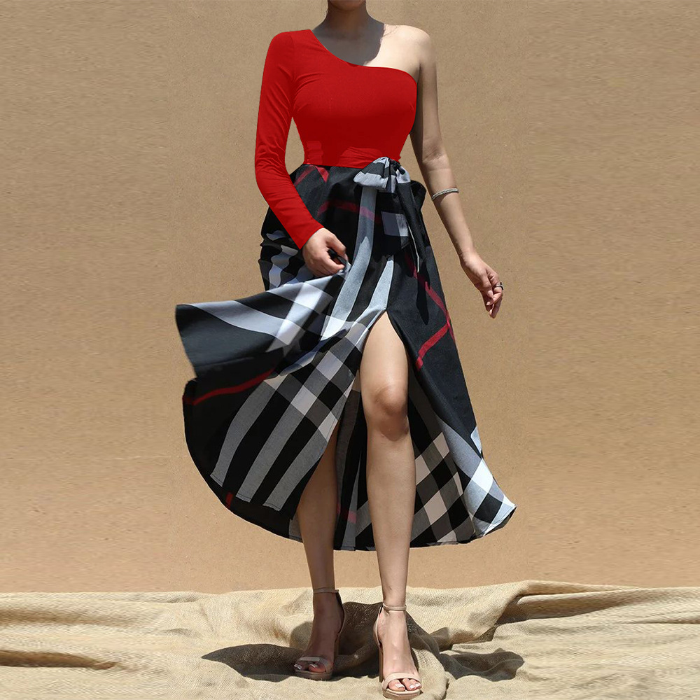 Printed One-Shoulder Slit Dress for Evening Wear